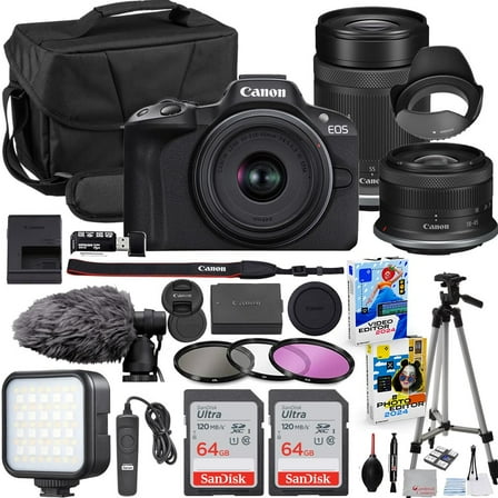 Canon EOS R50 Mirrorless Camera with 18-45mm & 55-210mm Lens Bundle   Canon DM-E100 Microphone   2X 64GB Memory Cards   Accessory Kit Including Shoulder Bag, LED Light, Software & More