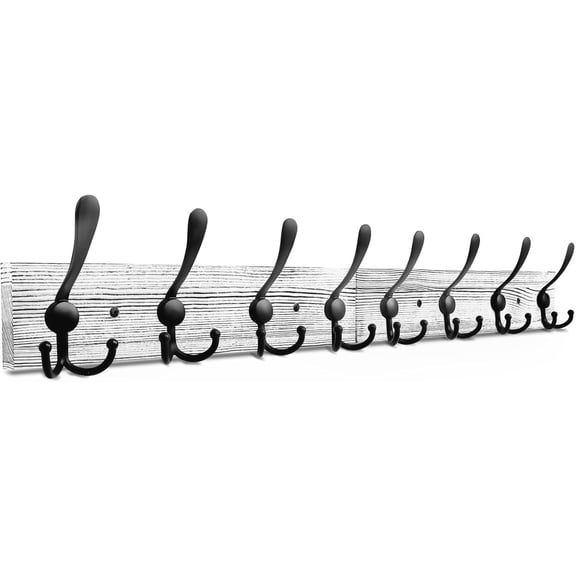 Wall Mounted Coat Rack, 31.4'' Long, Rustic Wood & Aluminum Coat Rack with 8 Black Tri-Hooks for Coat, Bag, Towel, Key, Hat, Umbrella