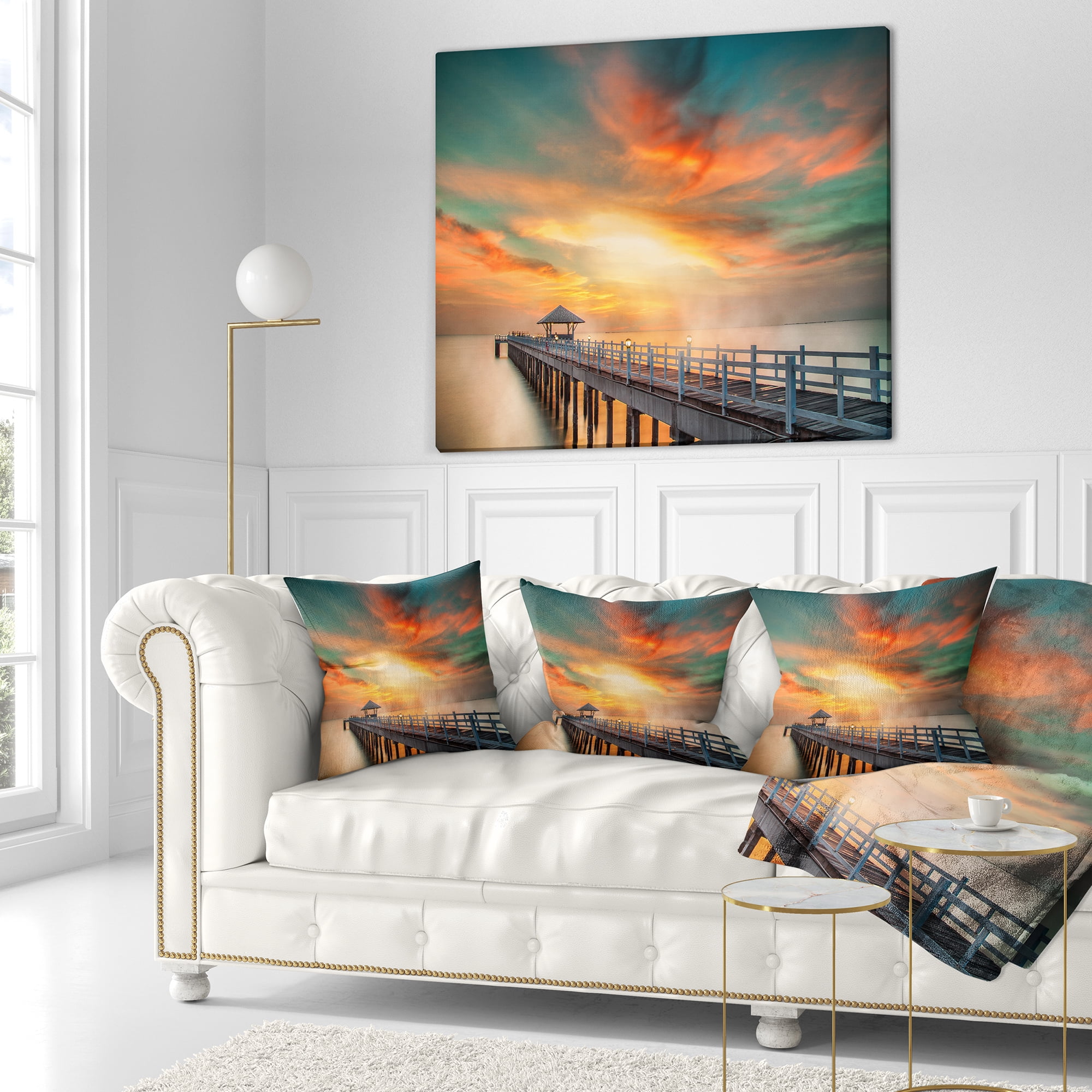 Designart Wooden Bridge under Colorful Sky - Sea Bridge Throw Pillow - 18x18