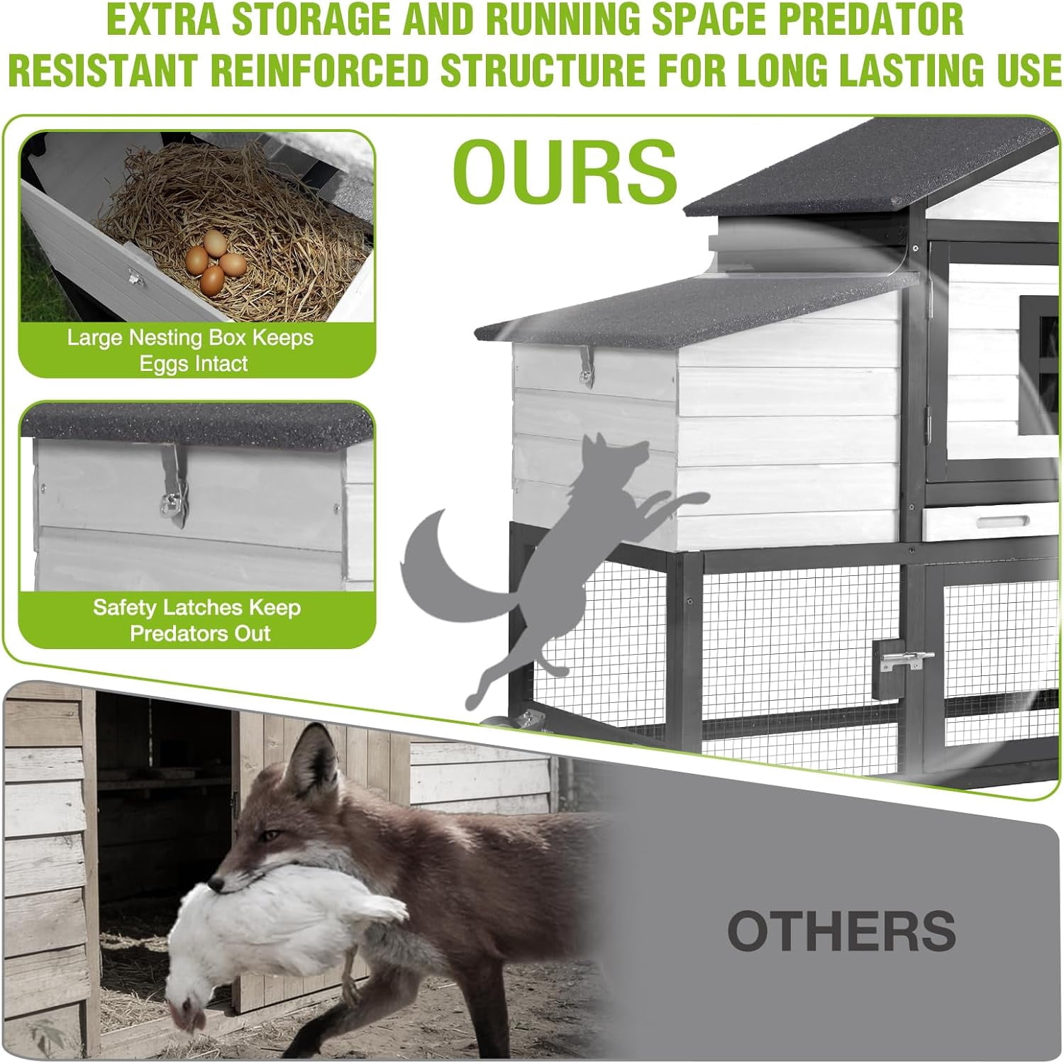 MEDEHOO Chicken Coop Mobile Chicken House On Wheel Outdoor Rabbit Hutch for 2-4 Chickens 67"(White & Black)