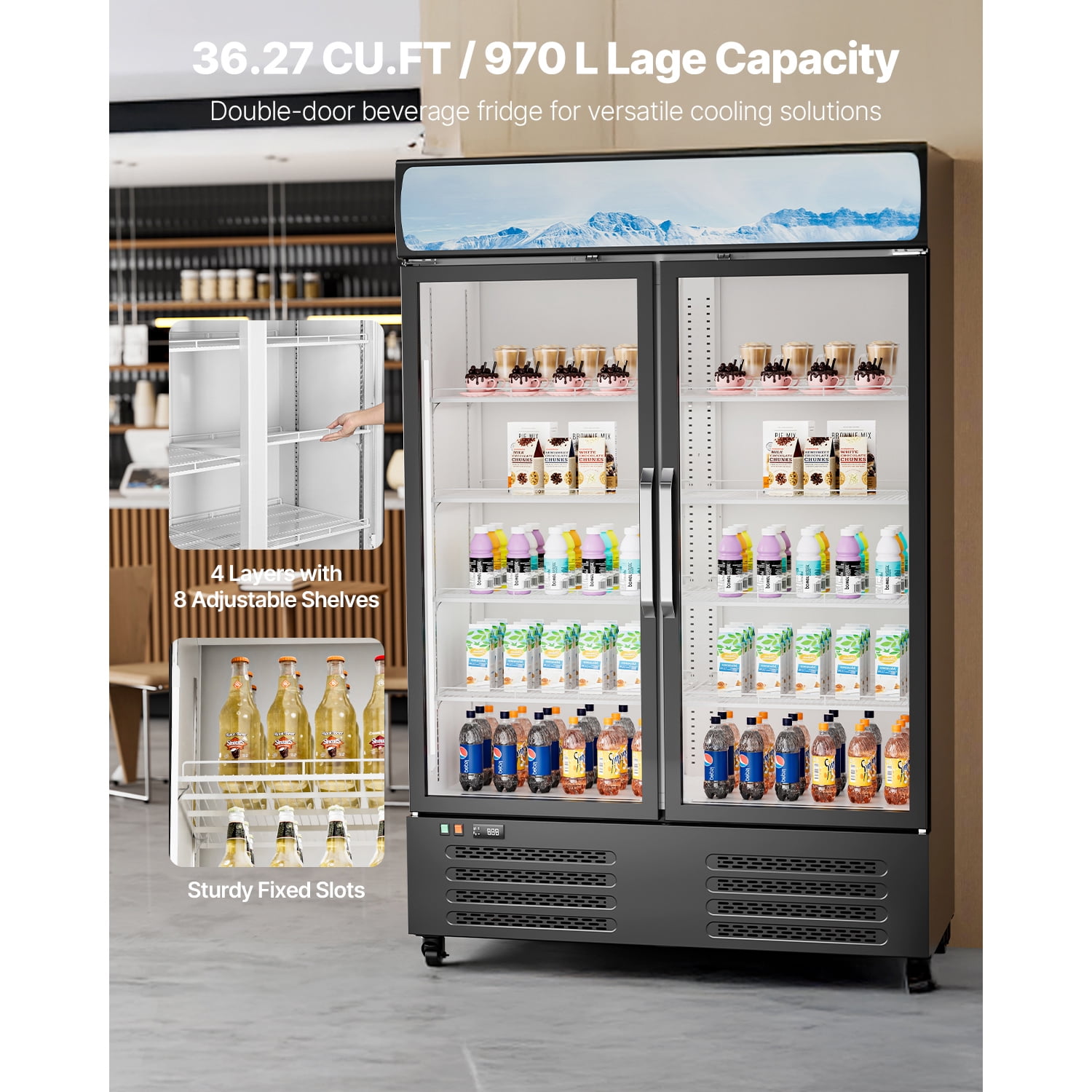 KFFKFF Business-Grade Beverage Chiller, 36.27 CU.FT Vertical Drink Cooler, Dual Transparent Door Fridge with 8 Modifiable Racks, Subtle LED Illumination, Personalizable Lightbox, Mobile Wheels, Black