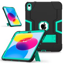 ELEHOLD Rugged Hybrid Case for iPad 10th Generation 10.9" 2022, Tri-Layers Hard PC Soft Silicone Hidden Kickstand Anti-Scratch Shockproof Heavy Duty Case for Kids Men Women,Black Mint