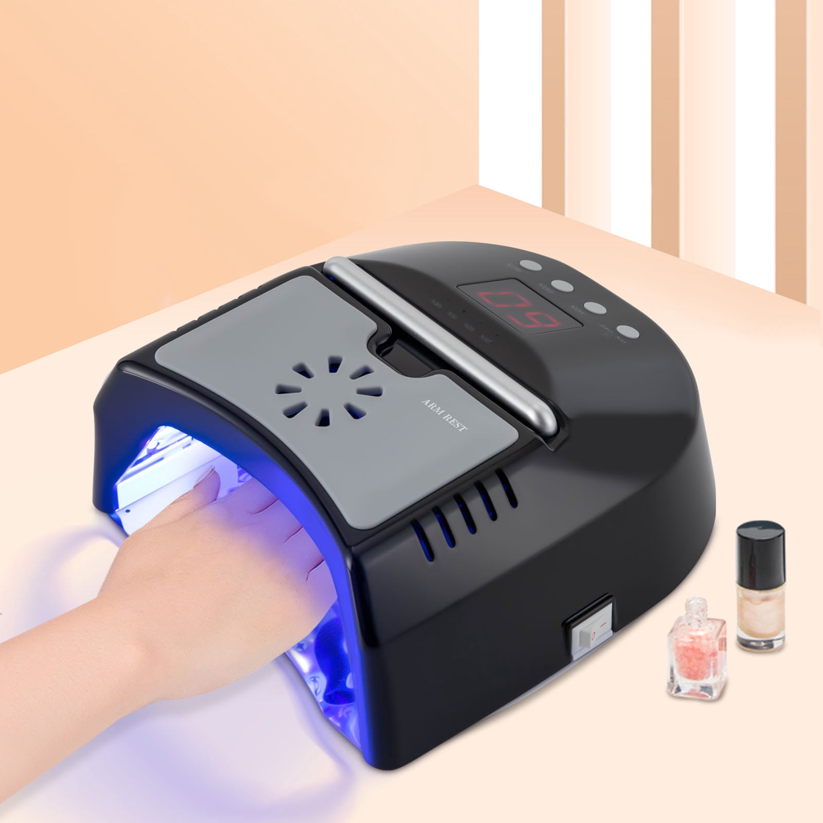 UV LED Nail Dryer Lamp with Cooling Fan, Rechargeable Battery, LCD Timer, and Removable Base for Quick and Safe Nail Polish Drying
