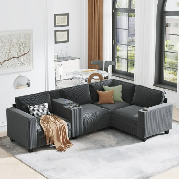 L-Shaped 4-Seater 105.5''*66.5'' Corduroy Sofa, Large Storage Armrests with Center Console, Usb Charging, Left and Right Seats Can Be Switched (Grey)