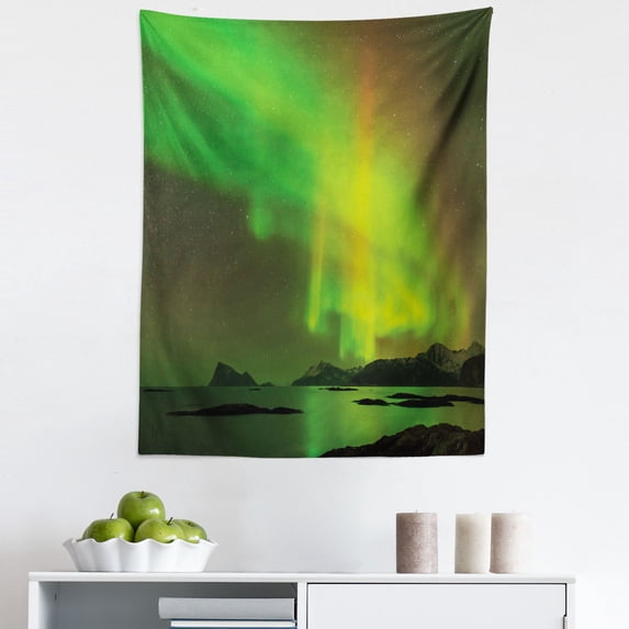 Aurora Borealis Tapestry, Enchanted Universe Sky with Reflections Tranquil Scenery, Fabric Wall Hanging Decor for Bedroom Living Room Dorm, 5 Sizes, Lime and Reseda Green, by Ambesonne