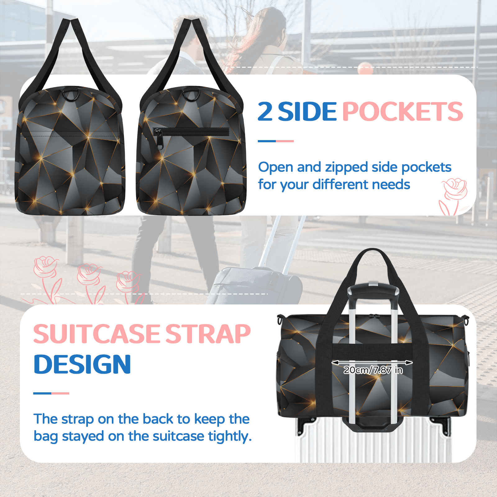 Herdesigns Black Travel Duffle Bag Sports Yoga Weekender Overnight Carry on Workout Bags Lightweight Waterproof Gym Tote Bag for Women Modern Mid Century Abstract Geometric
