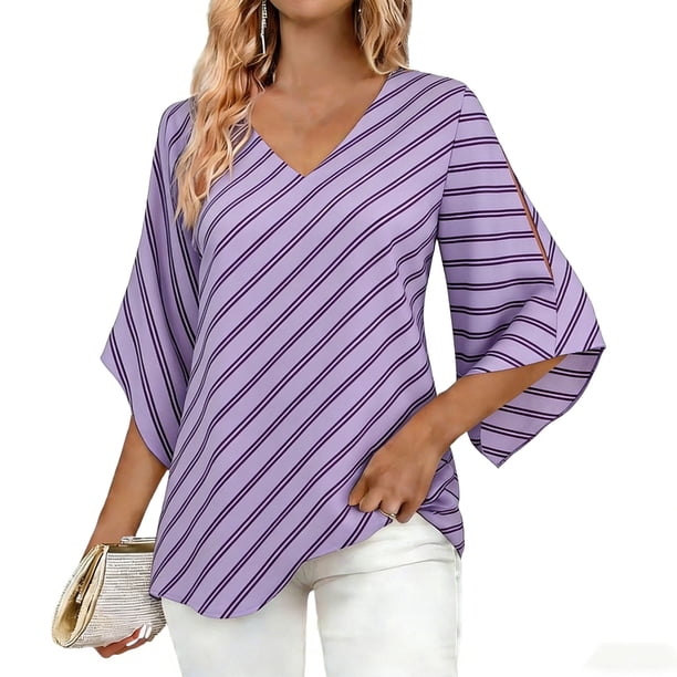 Top Floral Puro con Elegante Cuello en V Y Mangas de Tres Cuartos, Tops a Rayas de las Mujeres para Vestidos Casuales, de Trabajo O Sociales