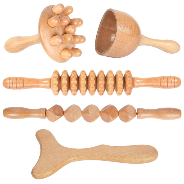 Instrumentos de masaje con madera Komogir, drenaje linfático 5 en 1