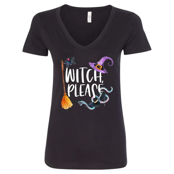 Inktastic Halloween Witch, Please Broom, Purple Hat, Spider and Snake Women's V-Neck T-Shirt