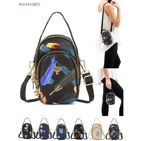BadPiggies Women Crossbody Cell Phone Purse Pouch, Multicolor Soft Handbag Small Shoulder Bag with Adjustable Strap (Black Feather)