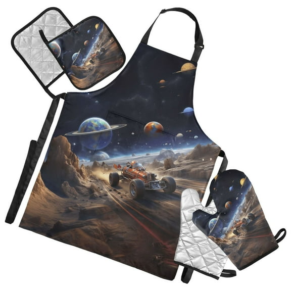 Racing Car on Planet 5 Pcs Kitchen Set Heat Resistant Oven Mitts and Non-Slip Pot Holders with Adjustable Cooking Apron