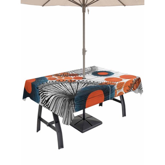 Outdoor Tablecloth with Umbrella Hole for Patio/Picnic/Party/Camping, Abstract Boho Waterproof Table Cloth Rectangle Table Cover Washable, Flowers Orange Polka Dots Grey Wood Plank (60"x 120")