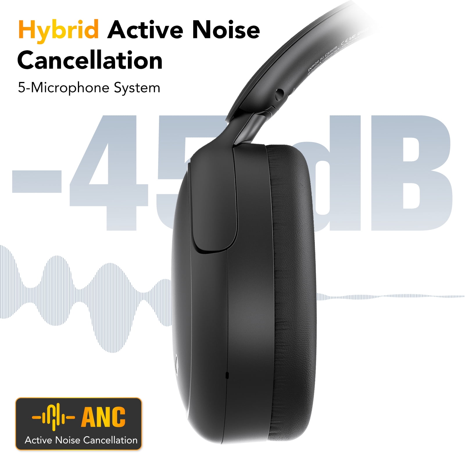 Hybrid Active Noise Cancelling Headphones -45dB, Bluetooth Headphones 5.4, Bass Boosted by 90%, 50H Playtime, ENC Clear Call, Comfort Fit Over Ear Wireless Headphone for Travel Office PC Pure Black thumbnail 4