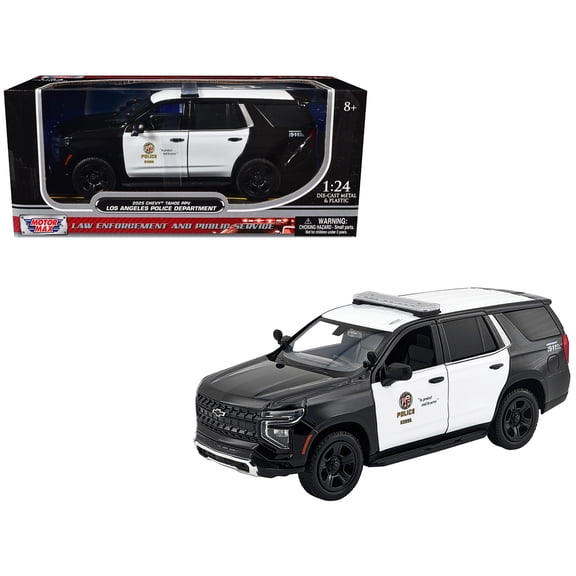 2025 Chevrolet Tahoe Police Pursuit Vehicle "LAPD" Black and White 1/24 Diecast Model Car by Motormax