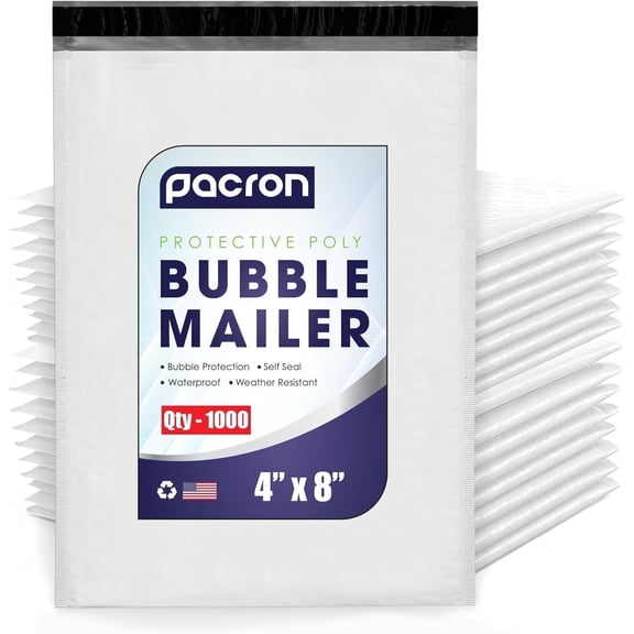 Pacron Poly Bubble Mailers 4x8 inch 1000-Pack - Waterproof Self-Sealing Thick Padded Envelope for Shipping - Durable Shipping Envelopes for SD Cards, USB Cables & Cosmetics