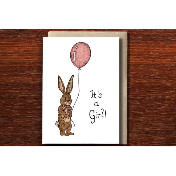 Adorable Baby Announcement Greeting Card - Cute Bunny with Balloon - "It's a Girl!" - Perfect for New Parents - Envelope Included - Gender Reveal Celebration