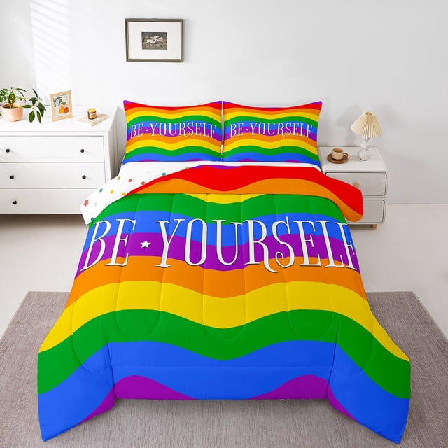 Erosebridal Rainbow Wave Stripe Bedding Twin Comforter Set, Be-Yourself Print Down Comforter, Reversible 2 Pieces