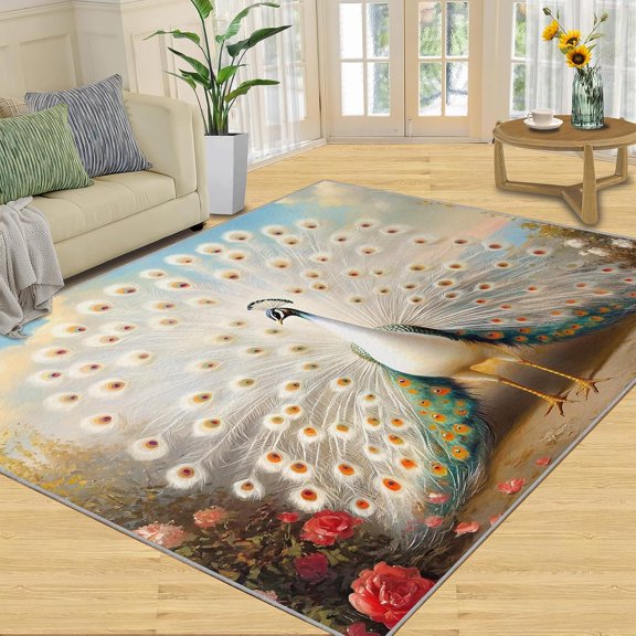 Peacock Area Rug, Colorful Bird Washable Rug, Non Slip Low Pile Carpet for Living Room Bedroom Home Decor 2x3ft