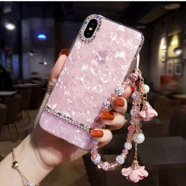 Pulsera de flores de cristal de perlas de diamante 3D para iphone 13, 12, 11 Pro MAX, XR, XS, 7, 8plus, Samsung S8, 9, 10Lite, Note 8, 9, 10plus qiuyongming unisex
