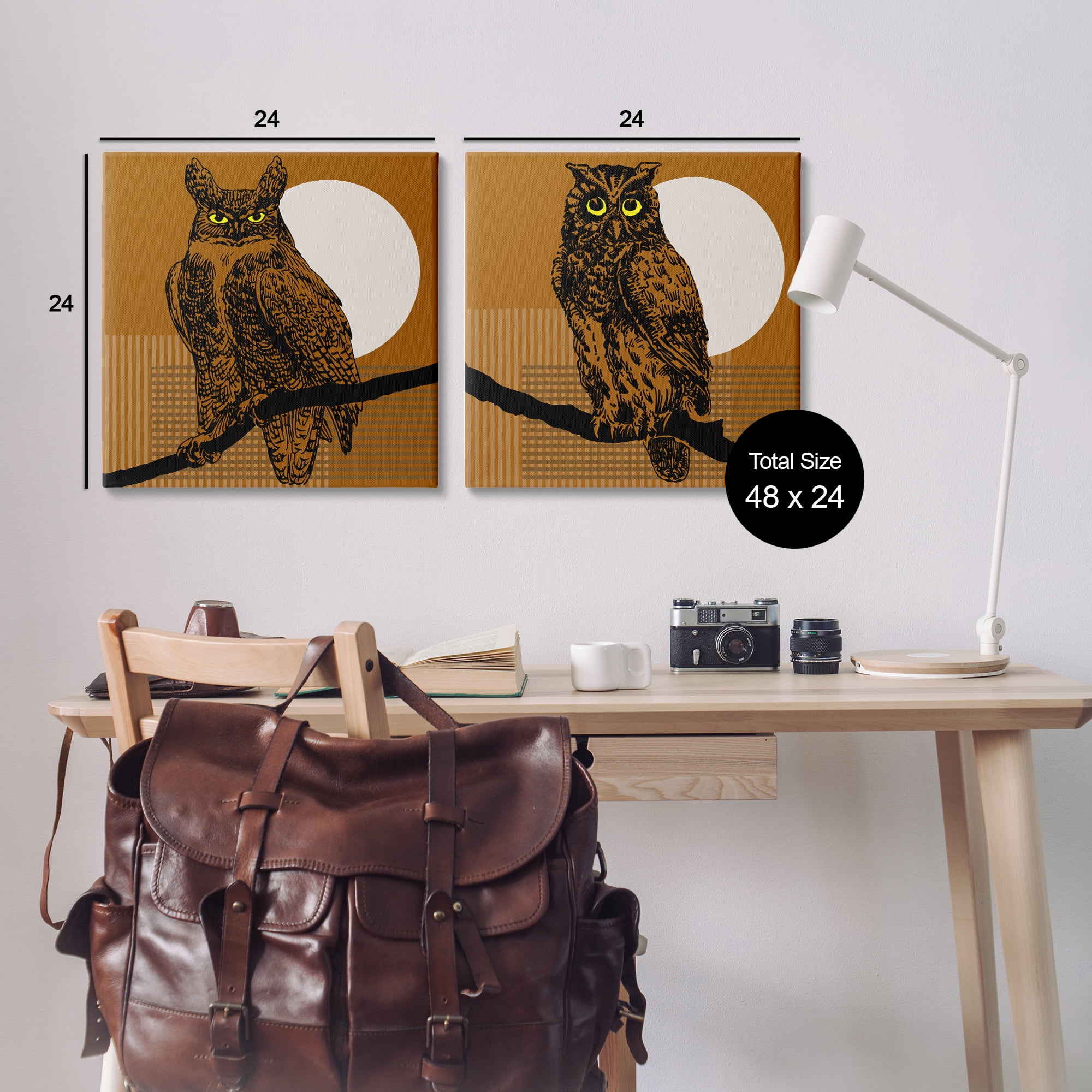 Stupell Industries Full Moon Owls on Branch Animals Painting Wrapped Canvas Art Print Wall Art, 24 x 24, Set of 2
