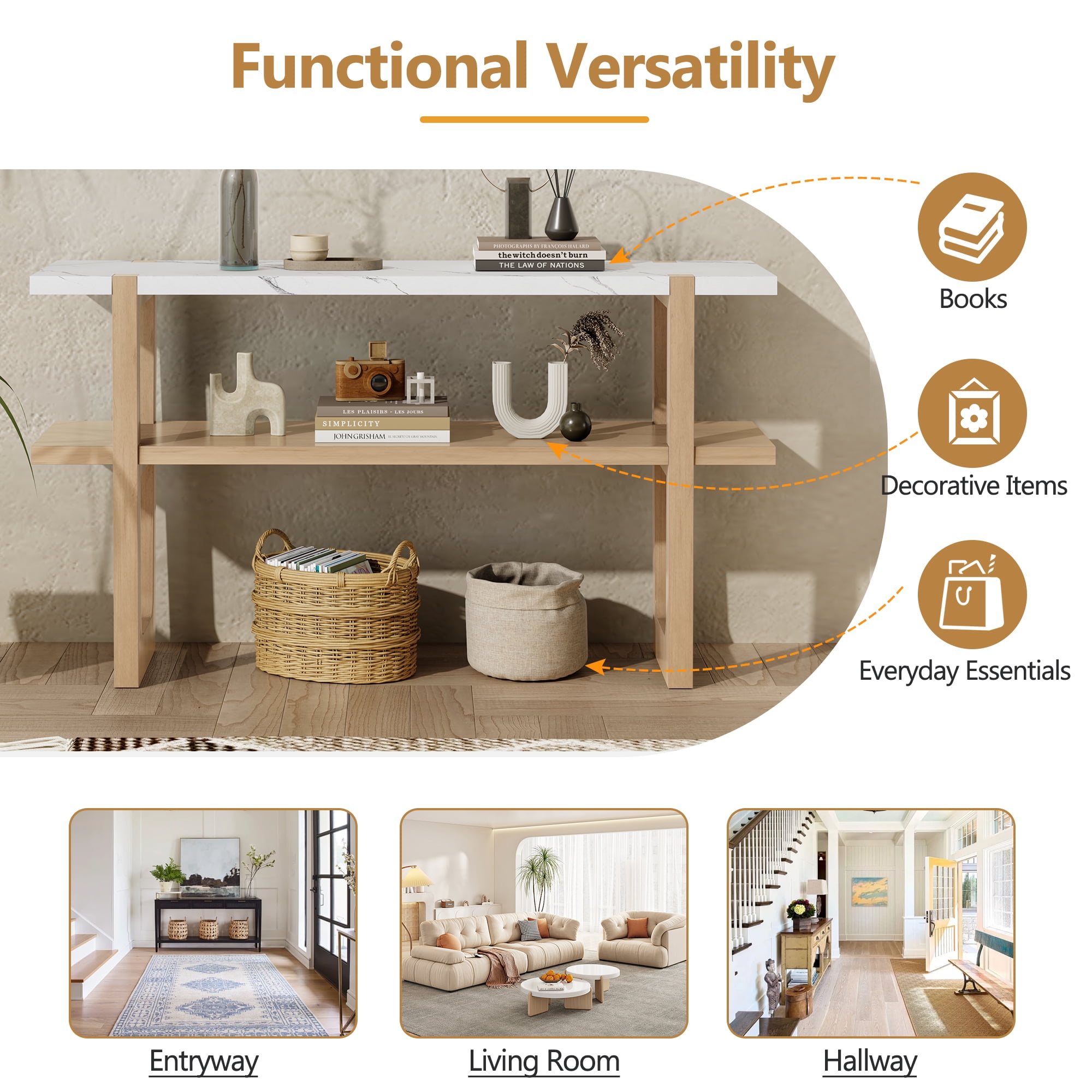 Euroco 54" Long Console Table, Wooden Rectangular Sofa Table Behind the Couch with Open Storage Shelf,Retro Entryway Table for Hallway, Living Room,Natural