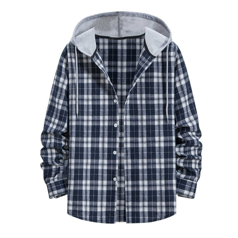 Mens plaid button up casual long sleeve drawstring hooded shirts hotsell