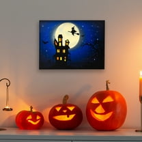 Northlight LED Lighted Fiber Optic Witch Flying Over Haunted House Halloween Canvas Wall Art - 12" x
