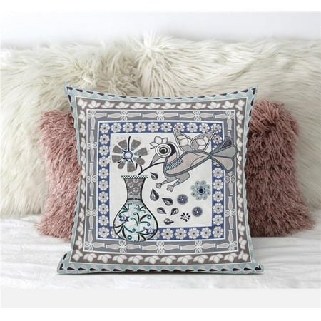 

Amrita Sen Designs CAPL585FSDS-BL-20x20 20 x 20 in. Love Your Vase Peacock Suede Blown & Closed Pillow - Beige Grey & Dark Blue