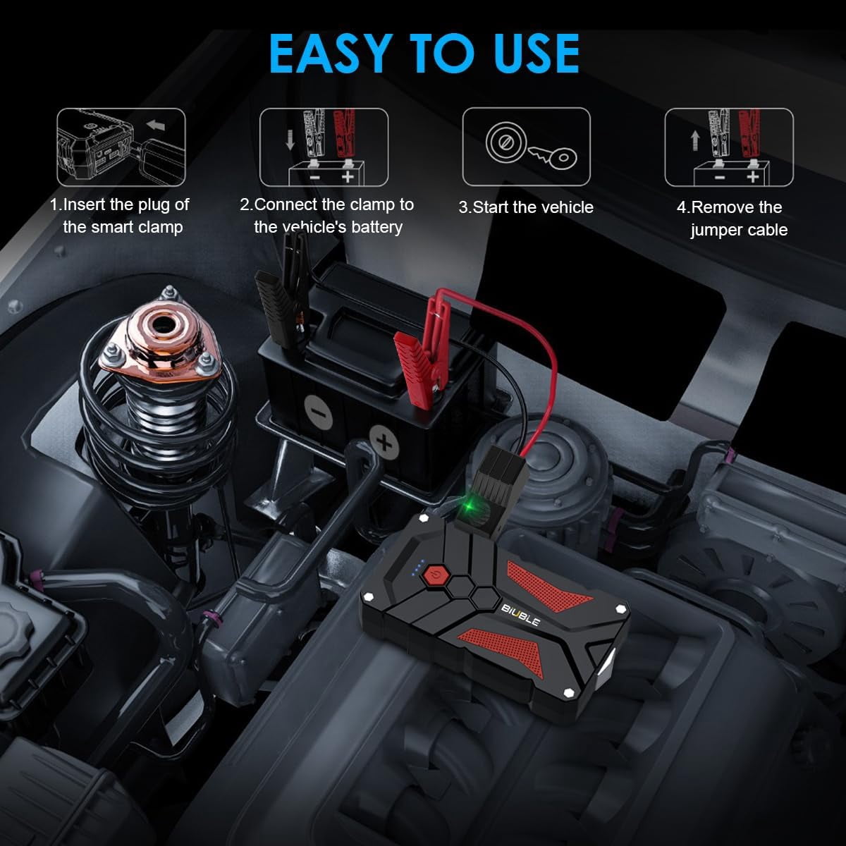 Emergency Jump Starter, 4000A Peak 14.8V Battery Jump Box with Quick Charge Out(Up to 6.0L Gas and 4.0L Diesel Engines), LED Light + Power Bank