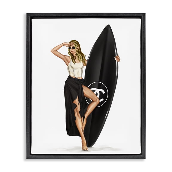 Stupell Industries Contemporary Trendy Surfer Girl in Black Black Floating Frame Canvas Art, 17 x 21, by Ziwei Li