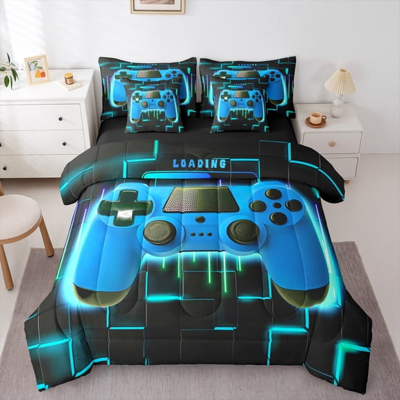 Blue Gaming Comforter Set 7 Piece Bed in a Bag Twin,Gamer Bedding Sets Neon Lights Abstract Geometry Sheet Set with Comforter Gamer Room Decor
