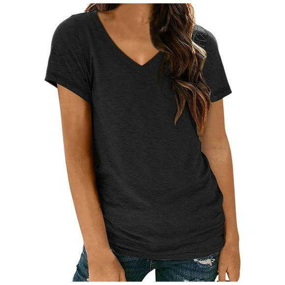 Fgnfyis Women's Solid Color V Neck Casual Short Sleeve T Shirt | Fashionable & Versatile Basic Tee Tshirts Shirts for Women Black L