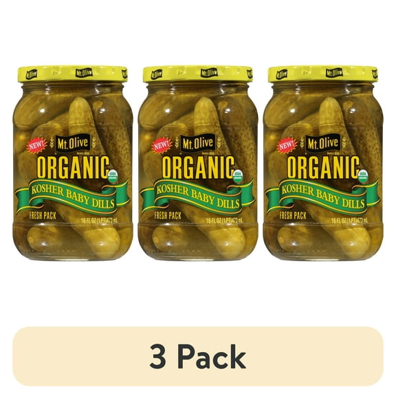 (3 pack) Mt. Olive Organic Kosher Whole Baby Dill Pickles, 16 fl oz Jar