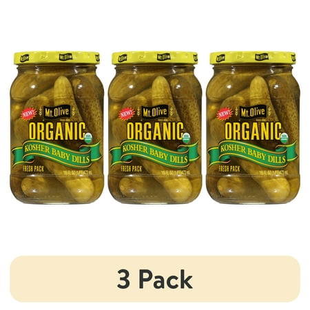 (3 pack) Mt. Olive Organic Kosher Whole Baby Dill Pickles, 16 fl oz Jar