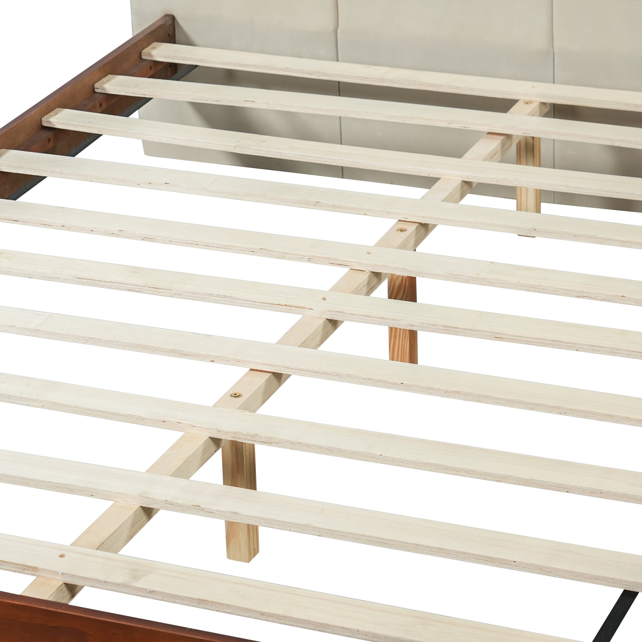Christopher Knight Home Queen Platform Bed Frame with Channel Upholstered Headboard, Walnut+Beige
