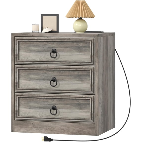 VVFLU Farmhouse Nightstand with 3 Drawers, Wood Bedside Table Night Stand with Charging Station, Sofa Side End Table for Bedroom, Living Room, Grey