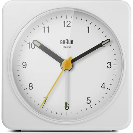 Classic Analogue Alarm Clock with Snooze and Light, Quiet Quartz Sweeping Movement, Crescendo Beep Alarm in White, Model BC03W.