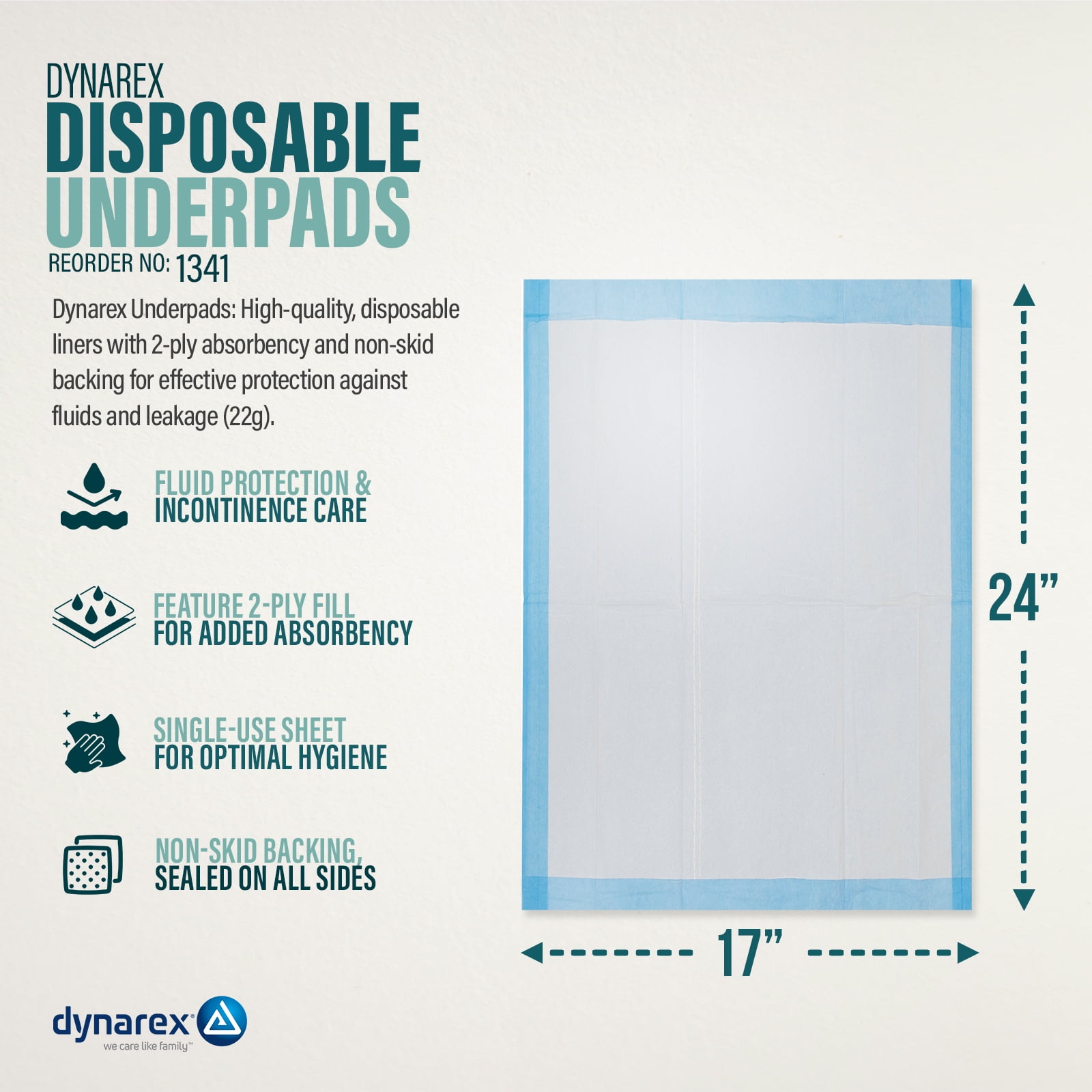 Dynarex Disposable Underpads, Medical-Grade Incontinence Bed Pads to Protect Sheets, Mattresses, and Furniture, 17” x 24” (22g), 1 Case of 300 (3 Boxes of 100)