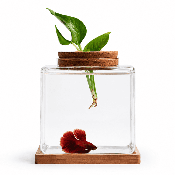 0.5 Gallon Square Glass Aquarium Starter Kit with Wood Lid and Stand