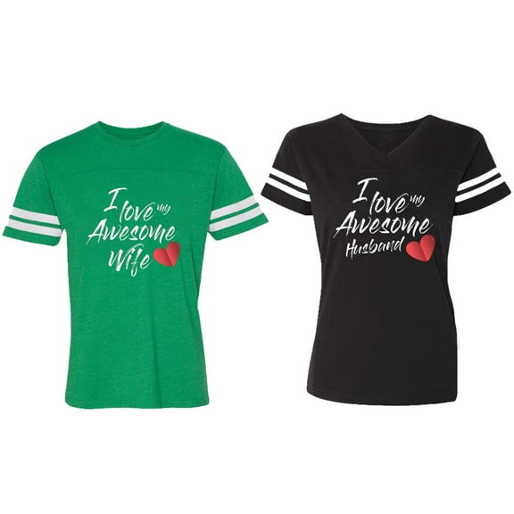 I Love My Awesome Husband Wife Matching Couple Cotton Jerseys (Men Green / Women Black) (Men S / Women S)