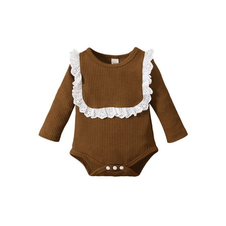

Canrulo Infant Baby Girls Romper Clothes Lace Ribbed Long Sleeve Bodysuit Jumpsuit Fall Outfits Brown 18-24 Months