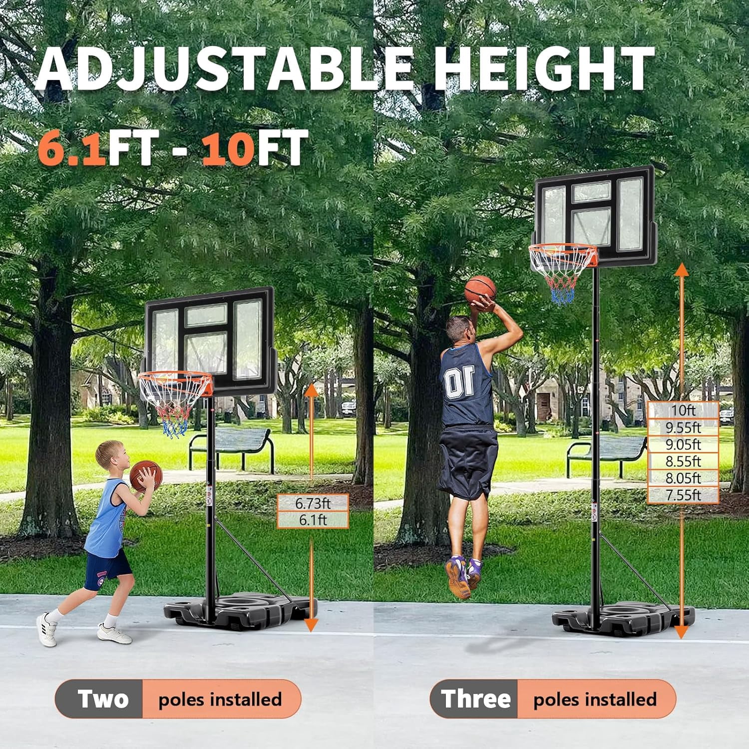 10FT Adjustable Height Portable Basketball Hoop Outdoor for Adult, 44 Inch Shatterproof Backboard w/Shock Absorbent Rim, Fillable Base, 2 Wheels for Swimming Pool/Indoor