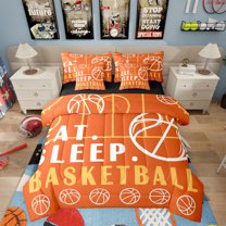 Basketball Bed in a Bag Twin Sport Game Ball Theme Comforter Set with Sheets Basketball Room Decor Bed Set Sports Bedding Sets Teen Sports Sheets 7 Pcs White Orange