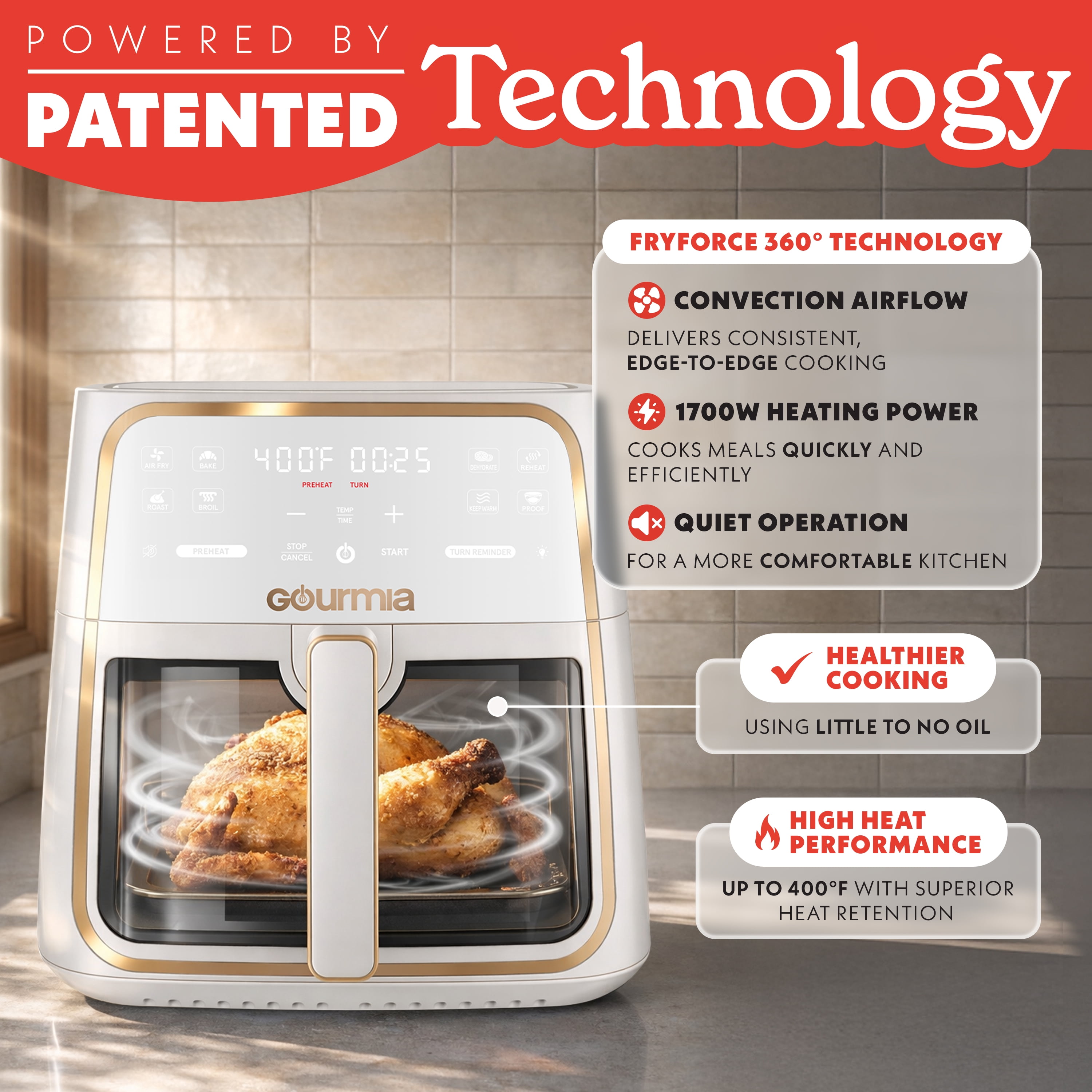 Gourmia 8 Qt Air Fryer, 8 Presets with Digital Display, FryForce 360° Technology, Easy View Window & Interior Light, Dishwasher Safe Basket, White