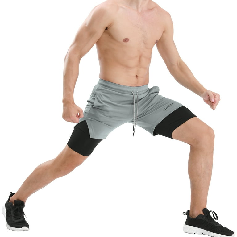 2-In-1 Men Running Shorts with Towel Loop Pockets Quick Dry Exercise Shorts  for Training Gym Workout 