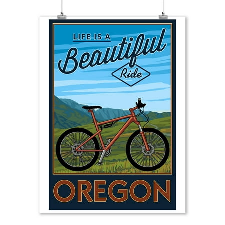 Oregon -  Life is a Beautiful Ride - Mountain Bike Scene - Lantern Press Artwork (9x12 Art Print, Wall Decor Travel
