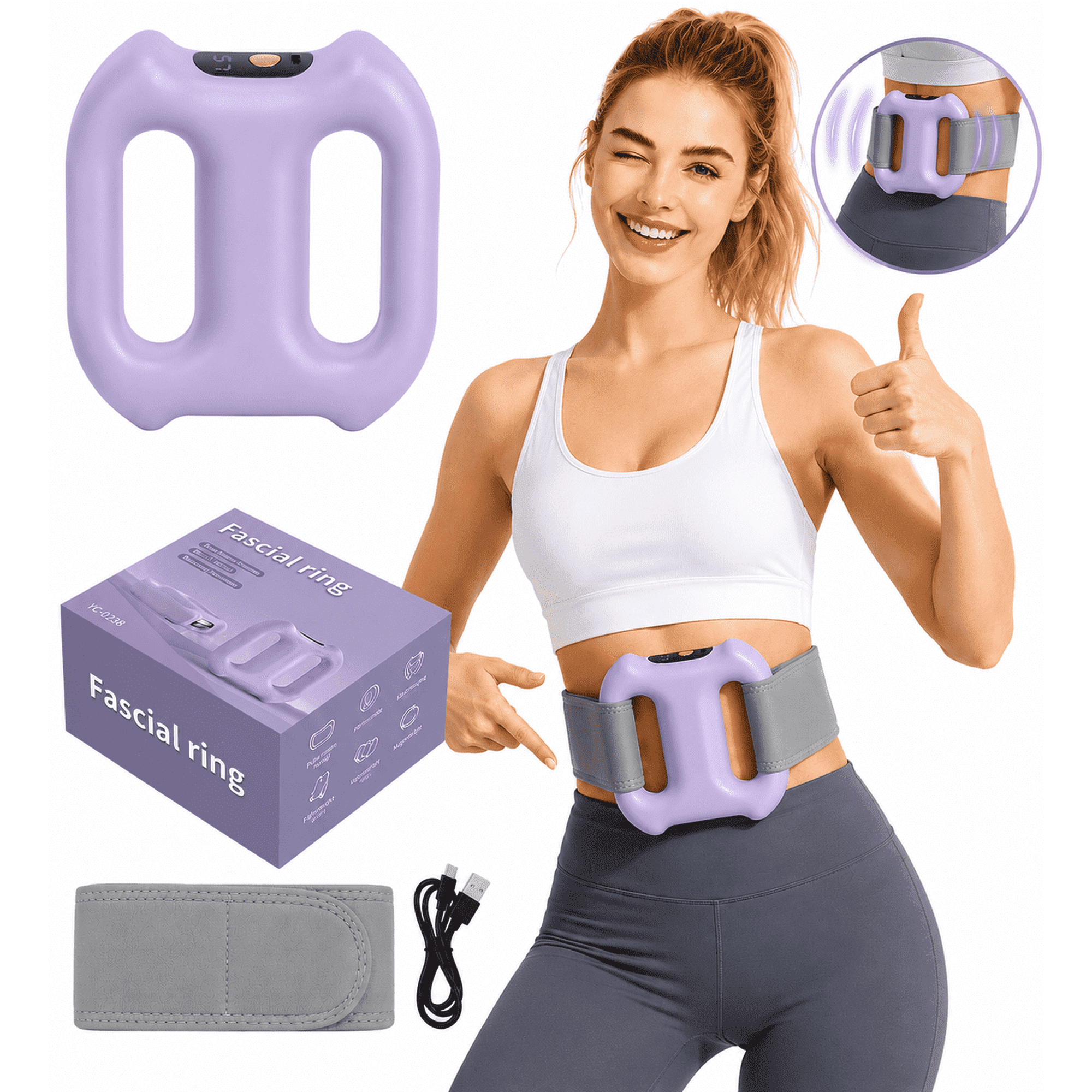 Fascia Ring Massager, Multifunctional Full-Body Massager with Adjustable Strap, 3 Modes & 6 Intensities, Hands-Free Electric Massager for Belly, Back, Legs, Waist