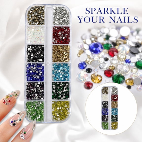 Rhinestones for Crafts 12 Compartment Mixed Color Glass Flatback Rhinestones Multi Size Gems for Crafts Nail Art Decor Diy Embellishments for Jewelry and Decoration Projects
