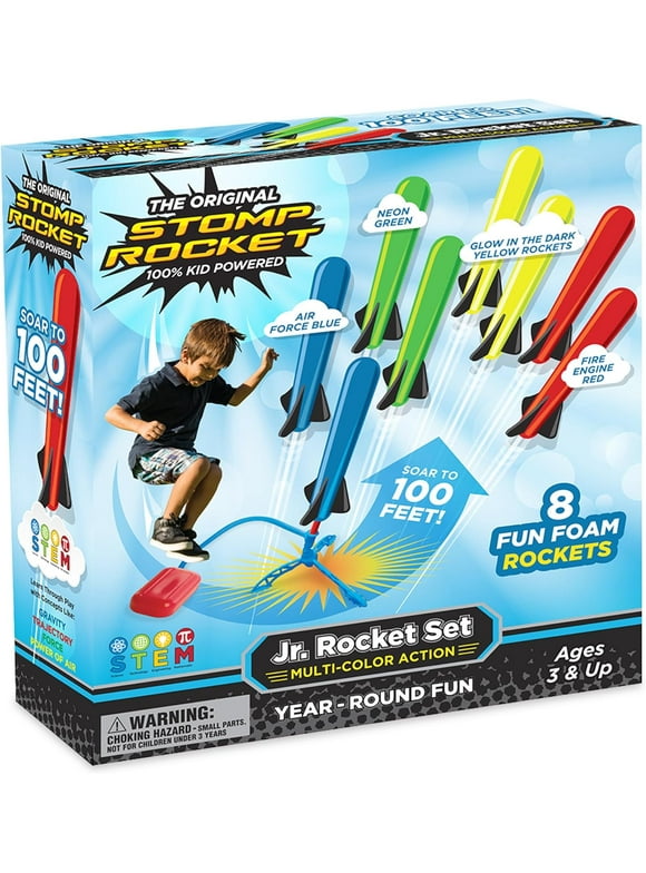 Stomp Rocket Original Jr. Rocket Launcher for Kids, Soars 100 Ft, 8 Multi Color Foam Rockets and 1 Adjustable Launcher Stand, Gift for Boys and Girls Ages 3 and up