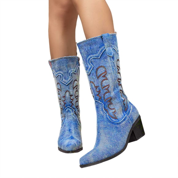 Women's Denim Wide Mid Calf Cowboy Boots Retro Embroidered Cowgirl Boots Casual Western Riding Tall Booties